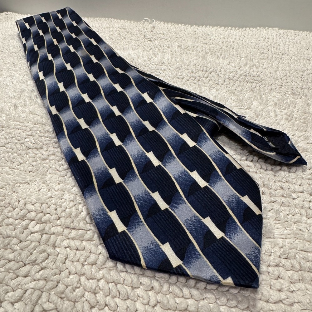 Giorgio Cellini Tie Blue Silver‎ Geometric Abstract Silk Italy Hand Made Foulard